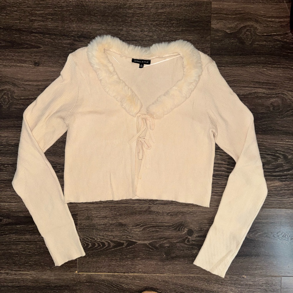 Kendall & Kylie Cream Sweater with Fur Trim